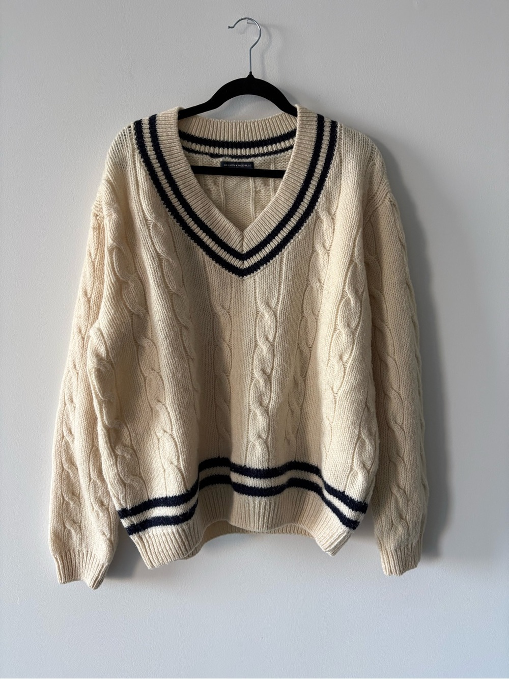 Brandy Melville Nikki Heavy Wool Cream Sweater with Preppy Navy Stripe One Size